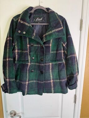Fresh New York Fuzzy Plaid Double-Breasted Peacoat Jacket - Green/Navy.Size XL